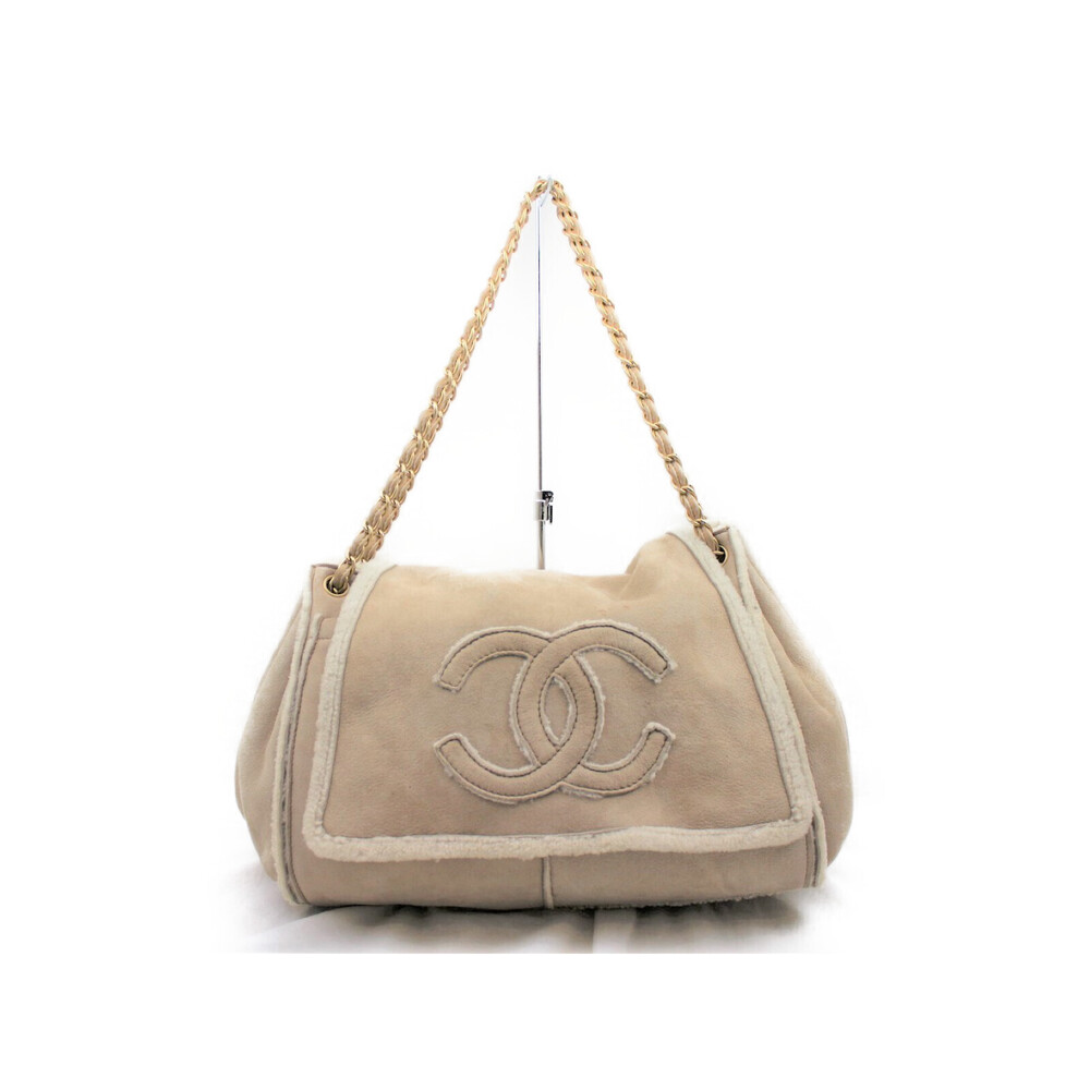 Chanel Mouton Chain Shoulder Bag Tote Beige Coco Mark